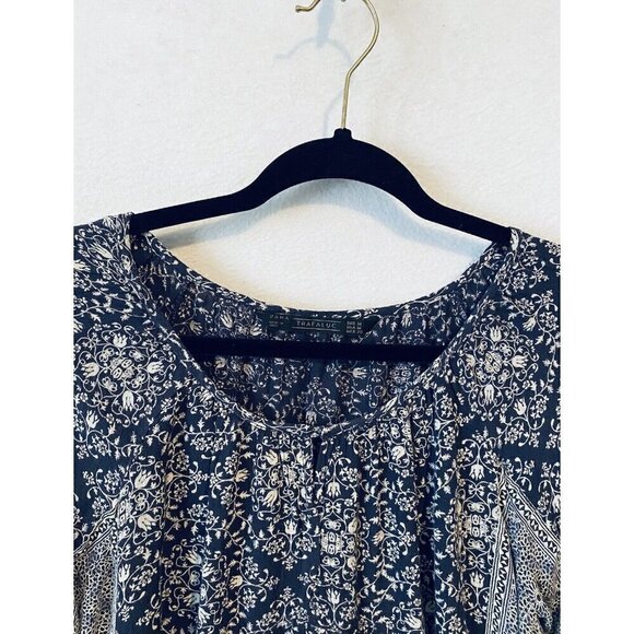 Zara Top Womens Medium Navy Blue Ditsy Floral Peasant Cropped Boho Tie Cuff - Picture 2 of 6